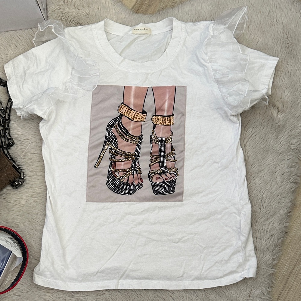 Occasion White Ruffle Sleeve Top with Graphic Print